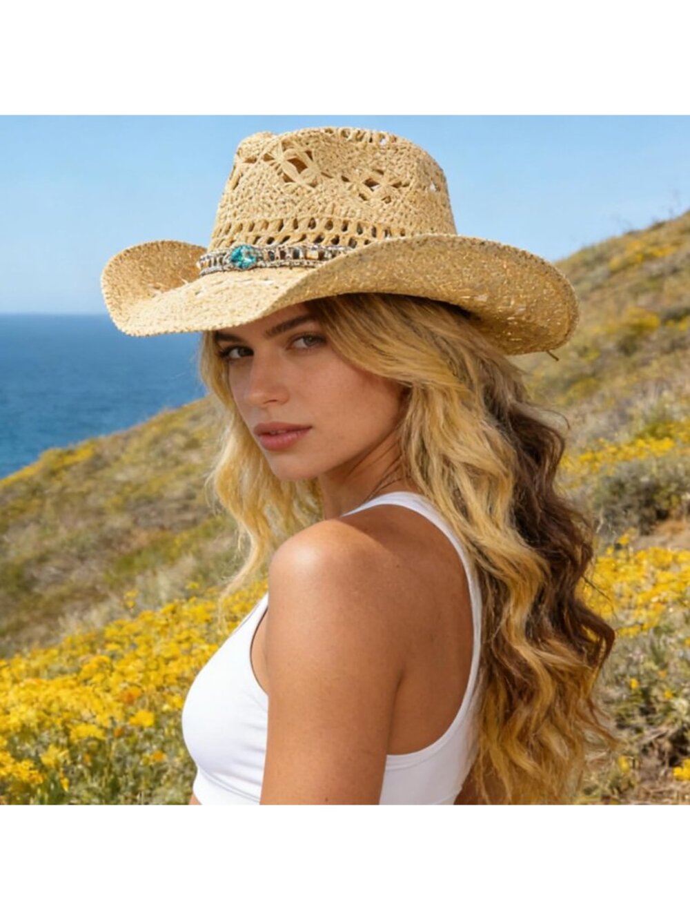 Men's Beige2 Pull-On Shapeable Brim Adjustable Chin Strap Cowgirl Cowboy Hats - Picture 2 of 6